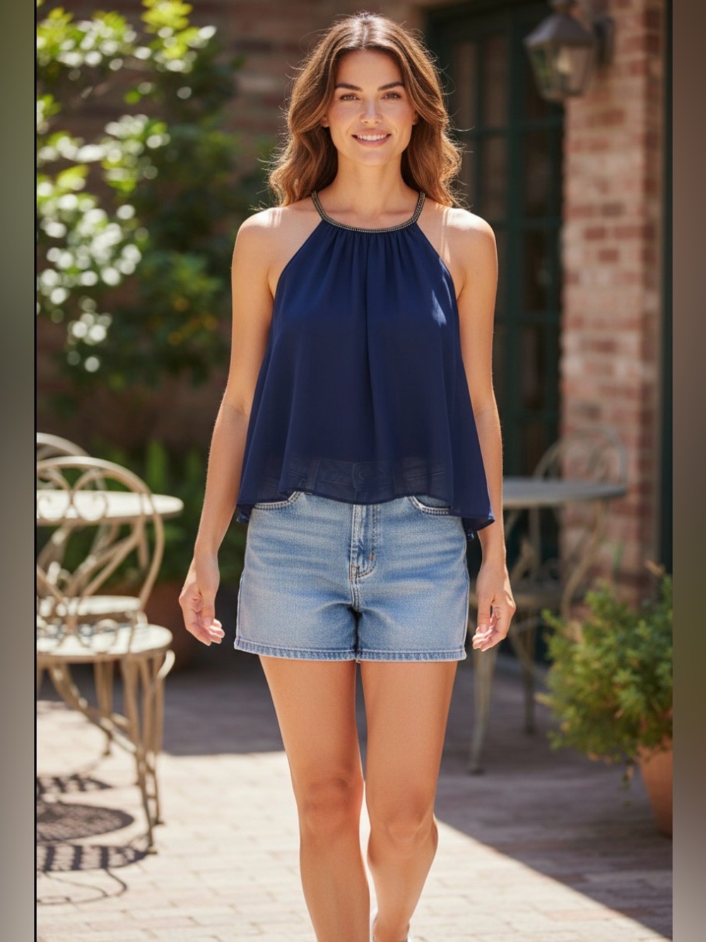 Chiffon Navy Beaded Tie-Back Camisole